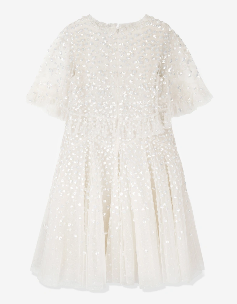 Girls Dappled Sequin Short Cape Dress in Ivory