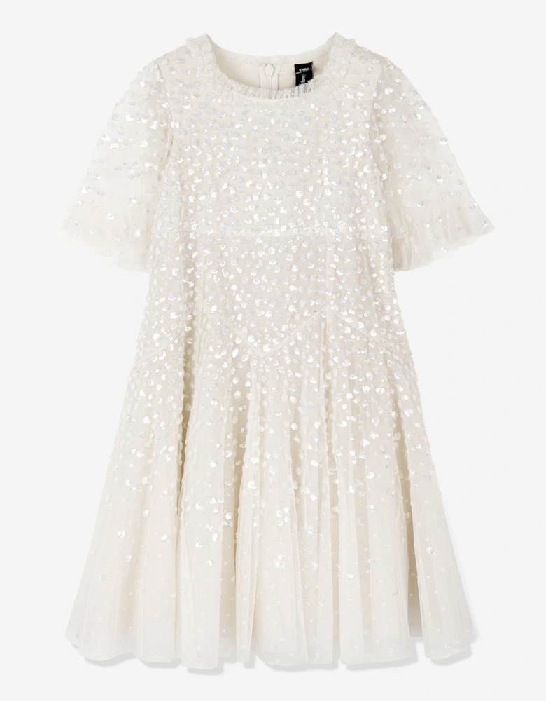 Girls Dappled Sequin Short Cape Dress in Ivory