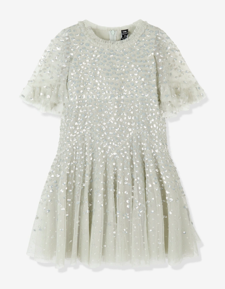 Girls Dappled Sequin Short Cape Dress in Green