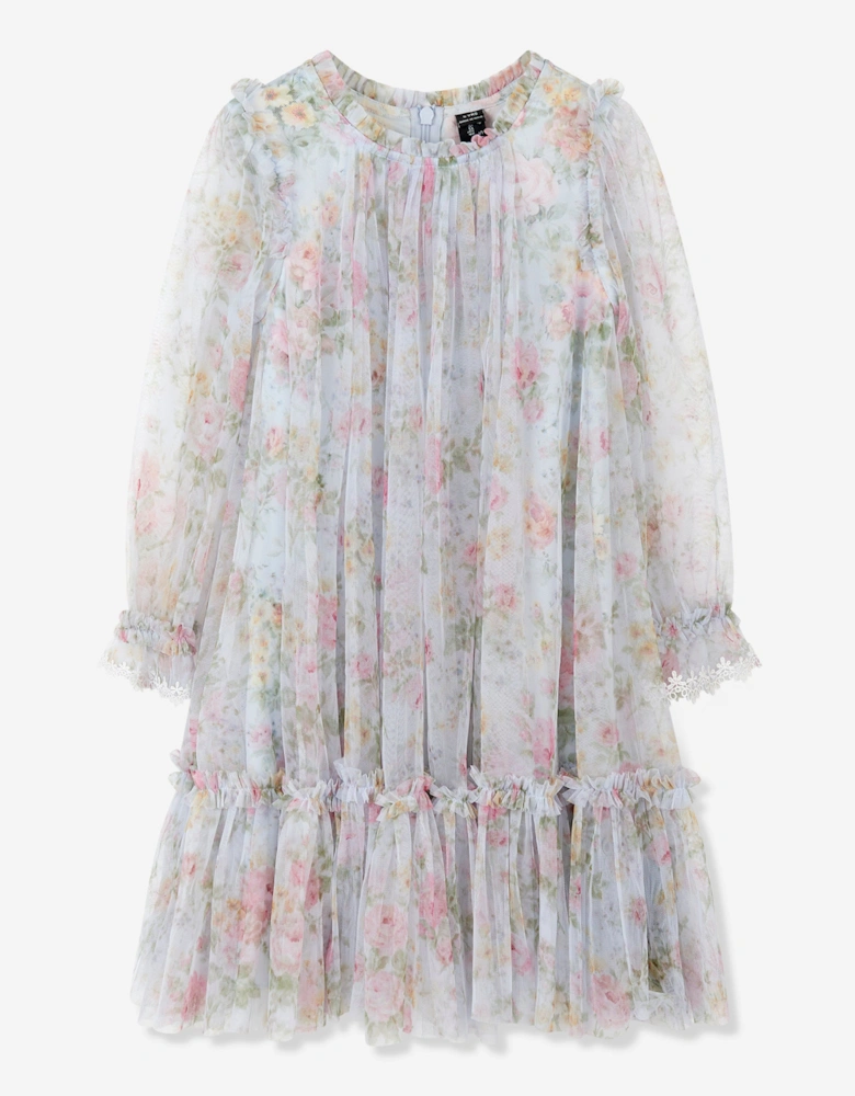 Girls Pompadour Garden Long Sleeve Dress in Blue