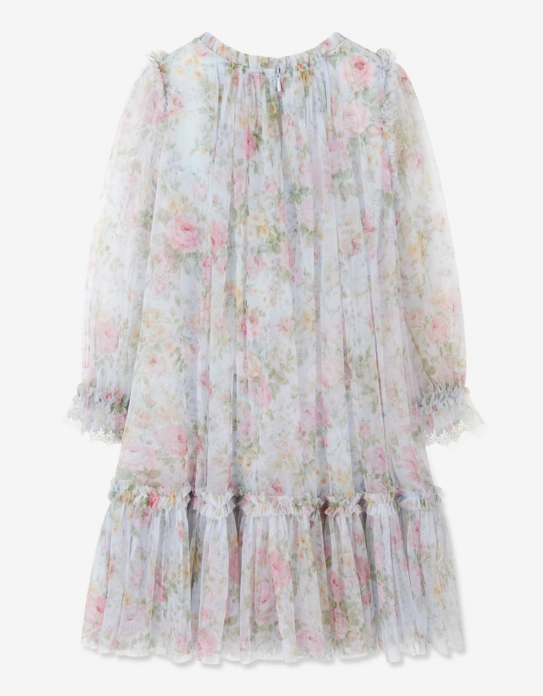 Girls Pompadour Garden Long Sleeve Dress in Blue