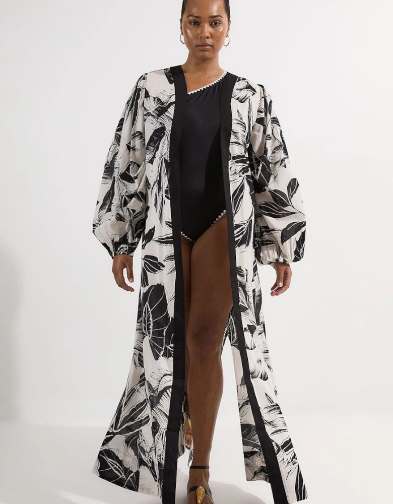 Plus Size Palm Border Print Cotton Voile Maxi Beach Dress