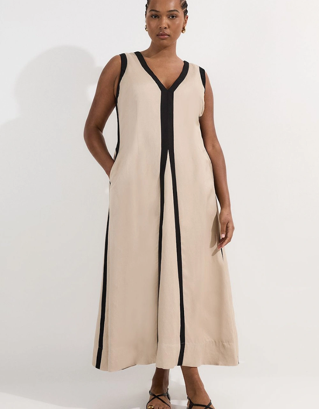 Plus Size Linen Viscose Colour Block Plunge Neck Woven Maxi Dress, 2 of 1