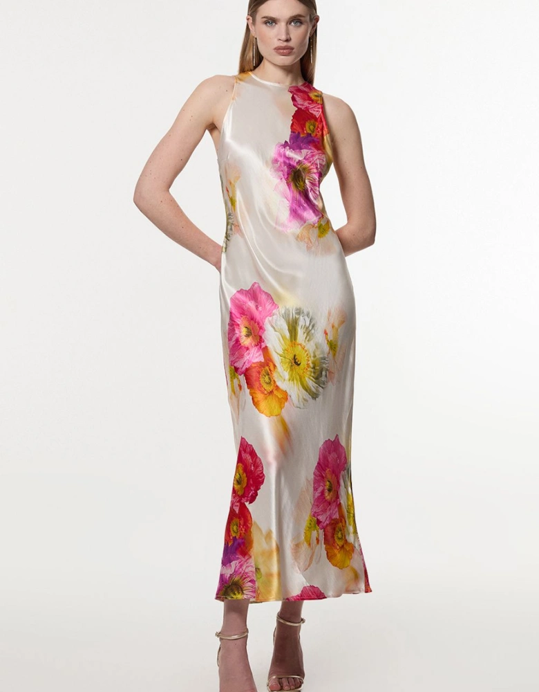 Petite Floral Satin Woven Column Maxi Dress