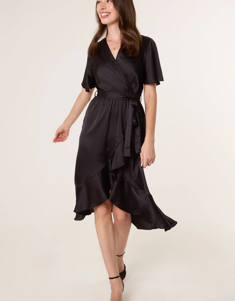 Black Satin Wrap Frill High To Low Midi Dress