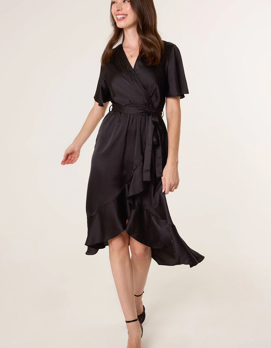 Black Satin Wrap Frill High To Low Midi Dress, 2 of 1