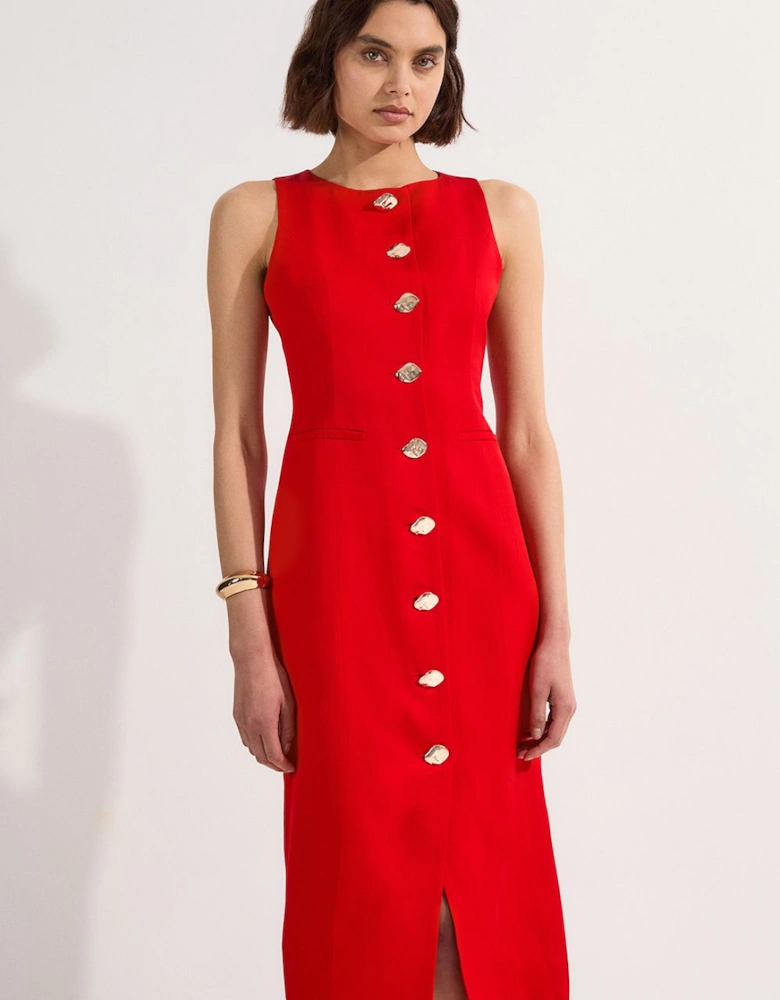 Viscose Linen Tailored Statement Button Front Pencil Midi Dress