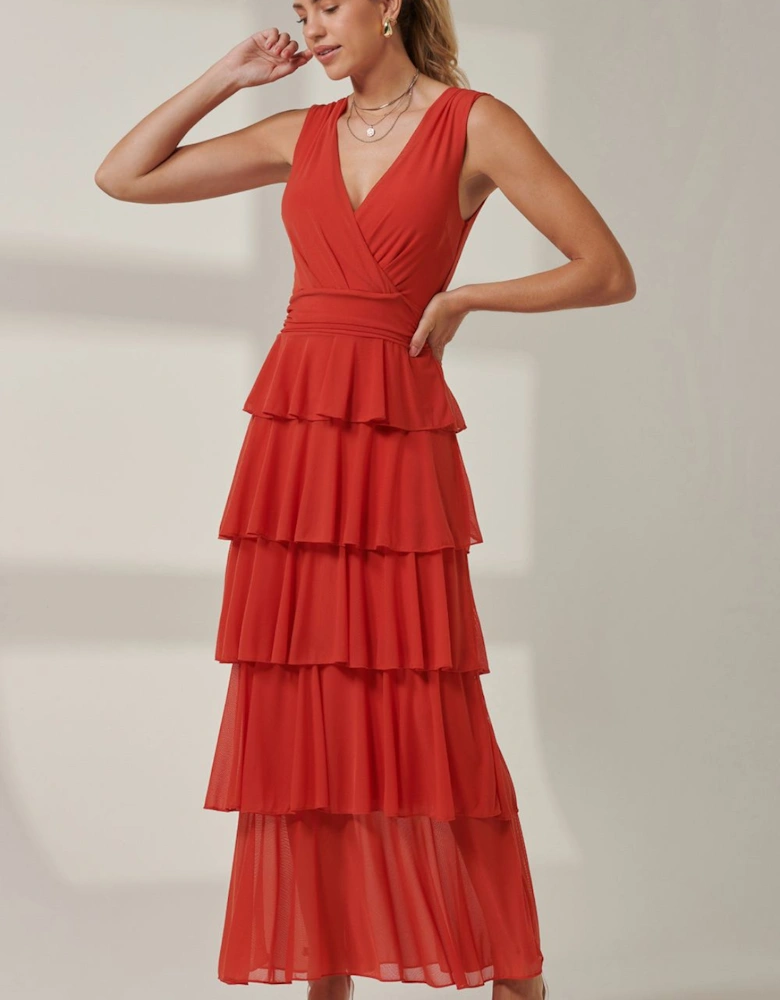 Plain Tiered Mesh Maxi Dress