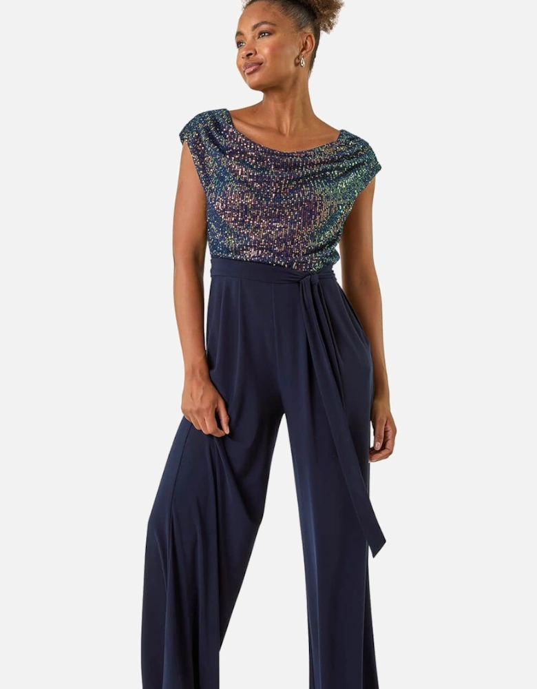 Sequin Bodice Cowl Neck Jumpsuit