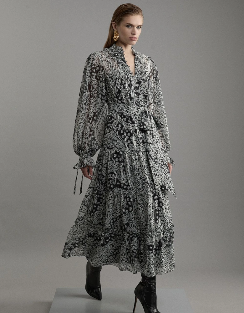 Paisley Crinkle Pleat Georgette Woven Midi Dress