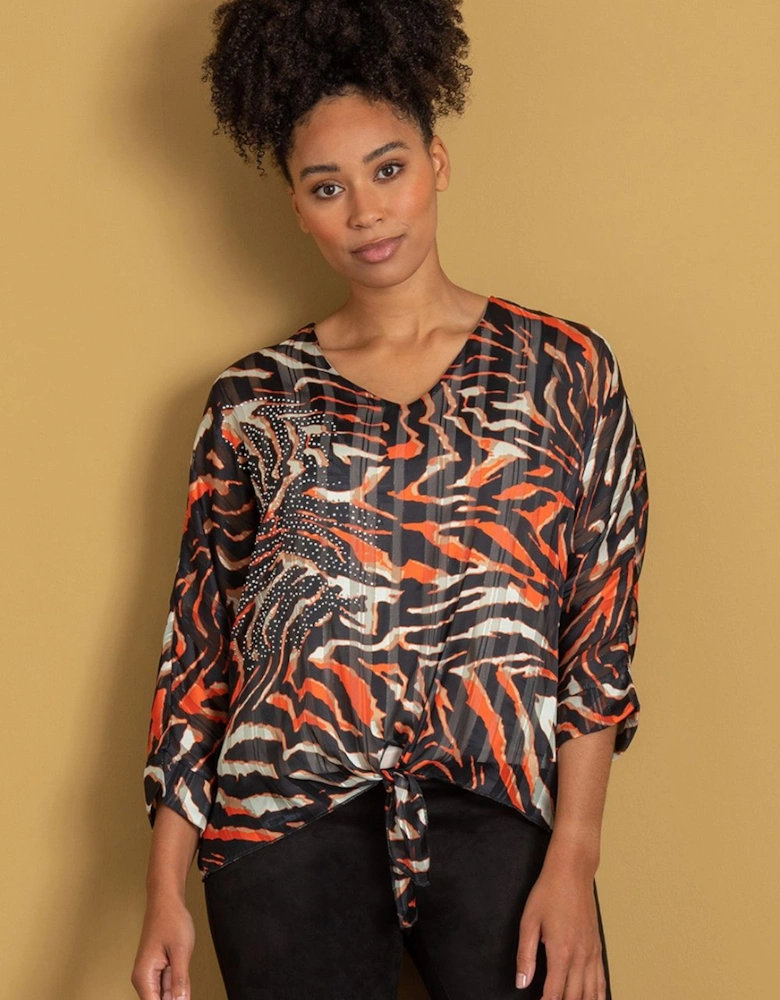 Tie Front Embellished Animal Print Top
