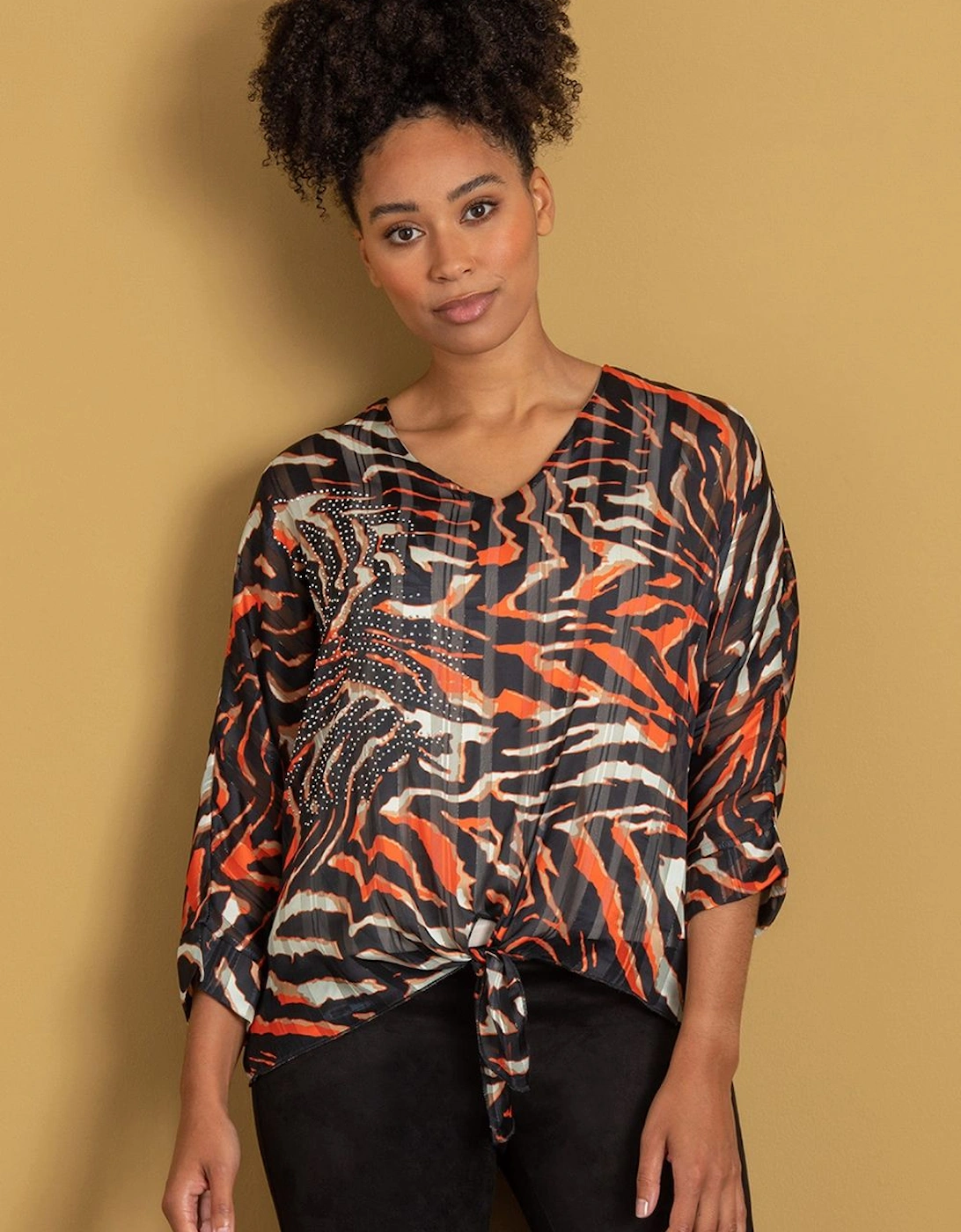 Tie Front Embellished Animal Print Top, 2 of 1