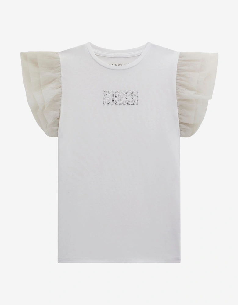 Girls Tulle Sleeve T-Shirt in White