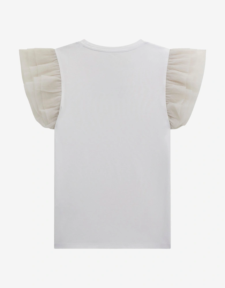 Girls Tulle Sleeve T-Shirt in White