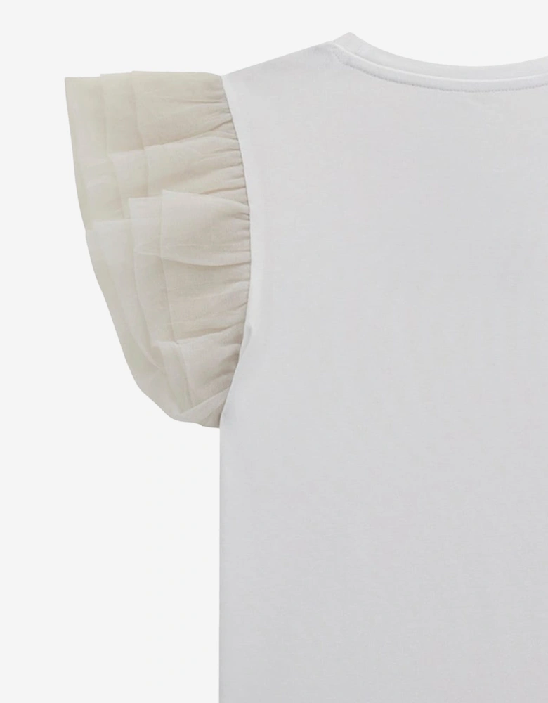 Girls Tulle Sleeve T-Shirt in White