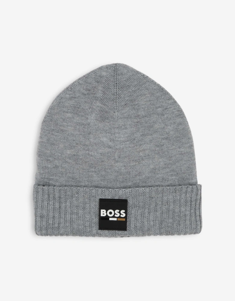 BOSS Boys Logo Badge Beanie Hat in Grey