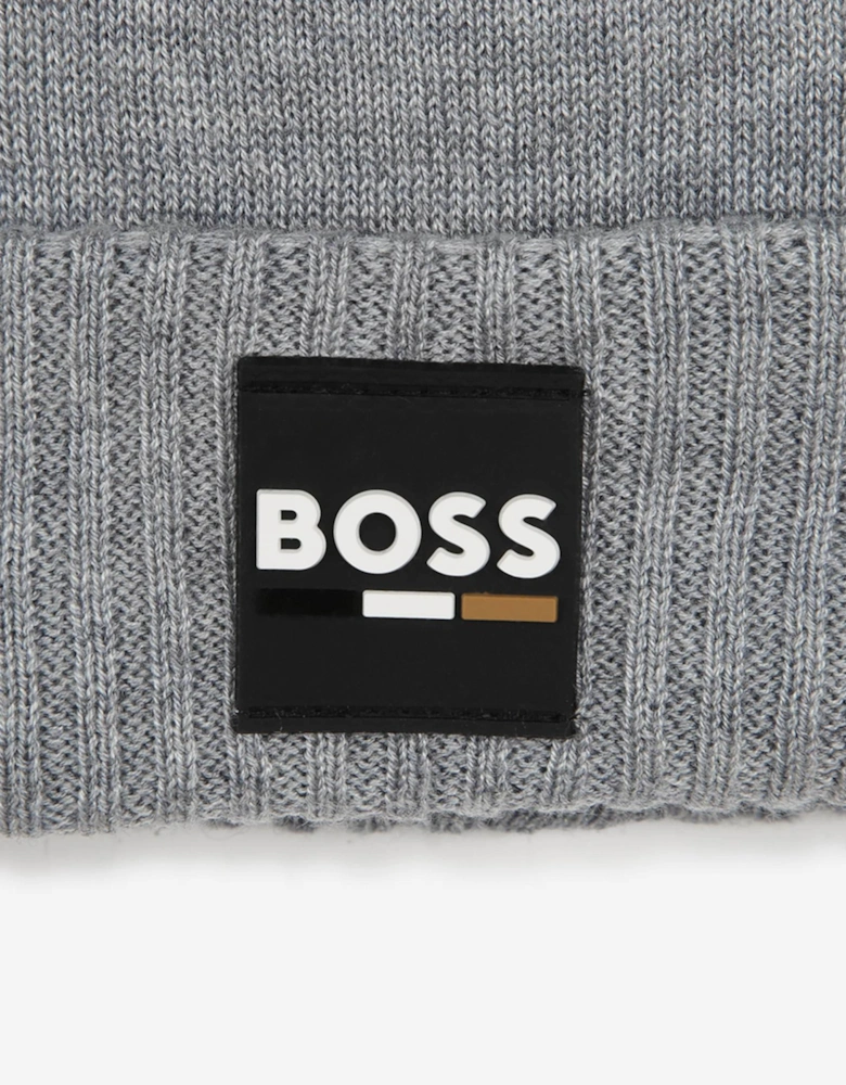 BOSS Boys Logo Badge Beanie Hat in Grey