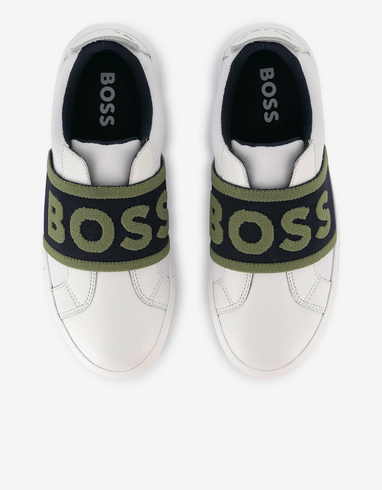 BOSS Boys Leather Logo Trainers in White