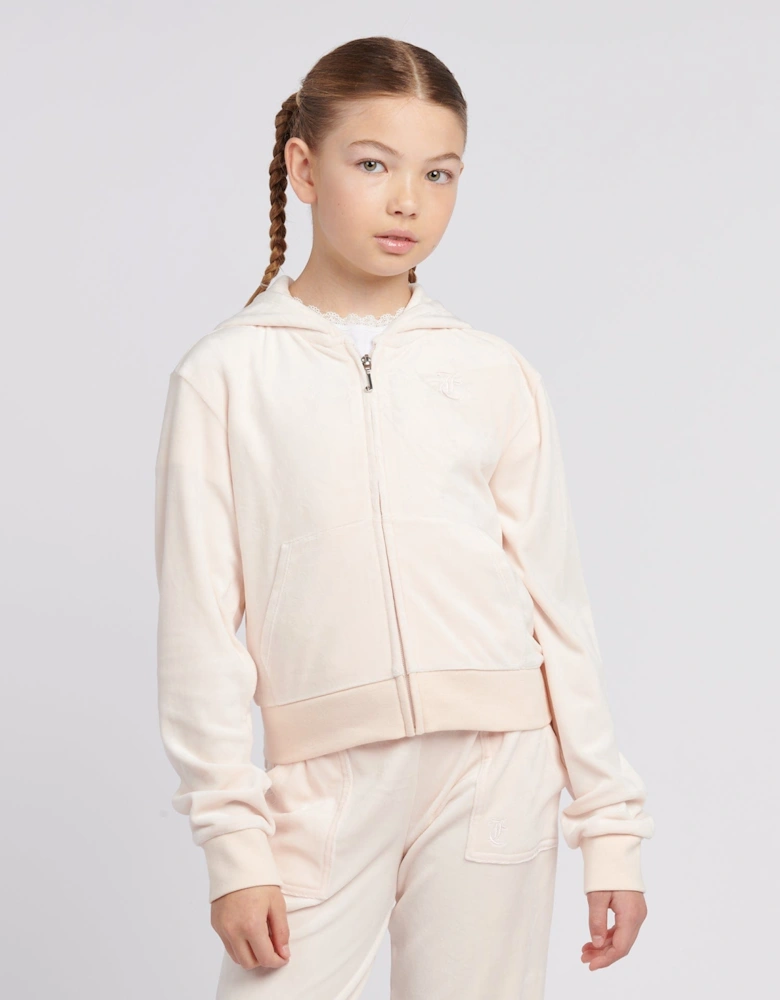 Girls Tonal Velour Zip Up Top in Beige