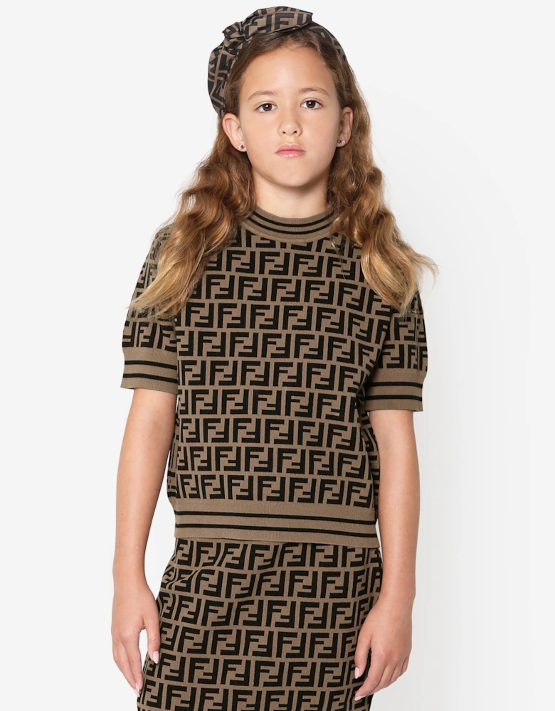 Girls FF Logo Knitted Top in Brown