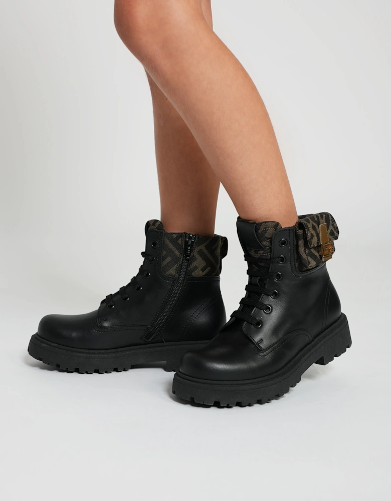 Kids Leather Baguette Biker Boots in Black