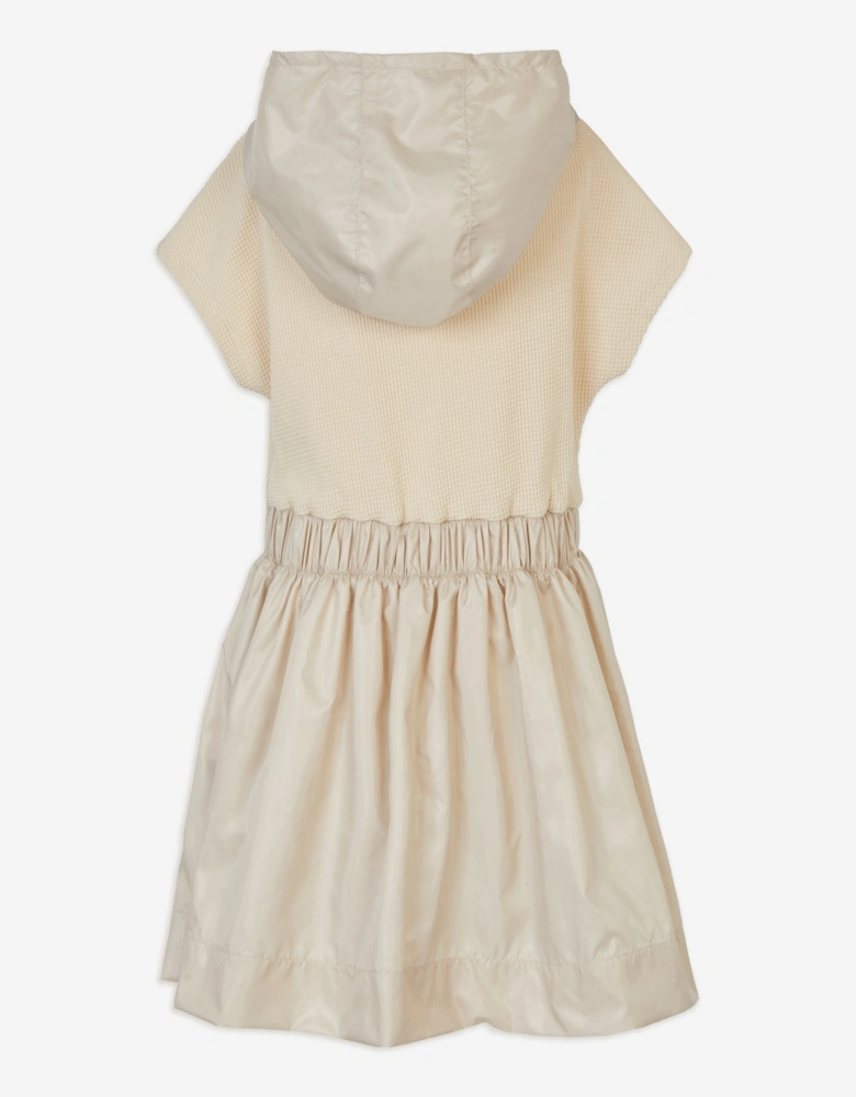 Girls Mixed Fabric Hooded Dress in Beige