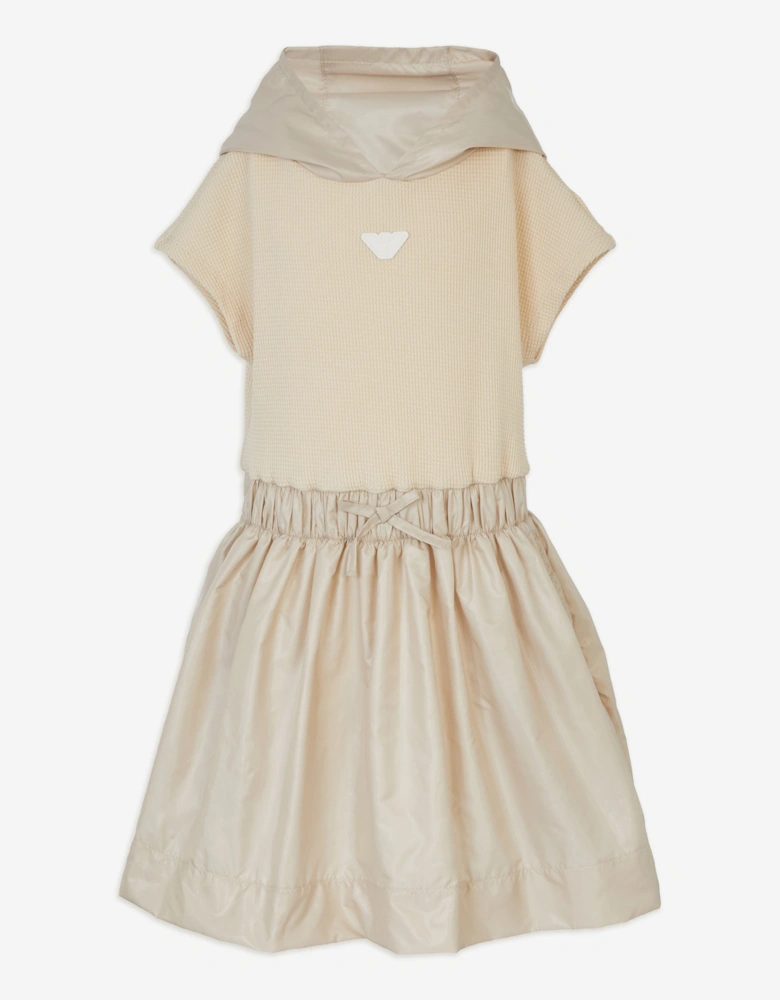 Girls Mixed Fabric Hooded Dress in Beige