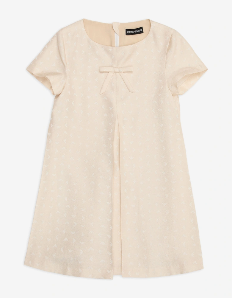 Girls Logo Dress with Pleat in Beige
