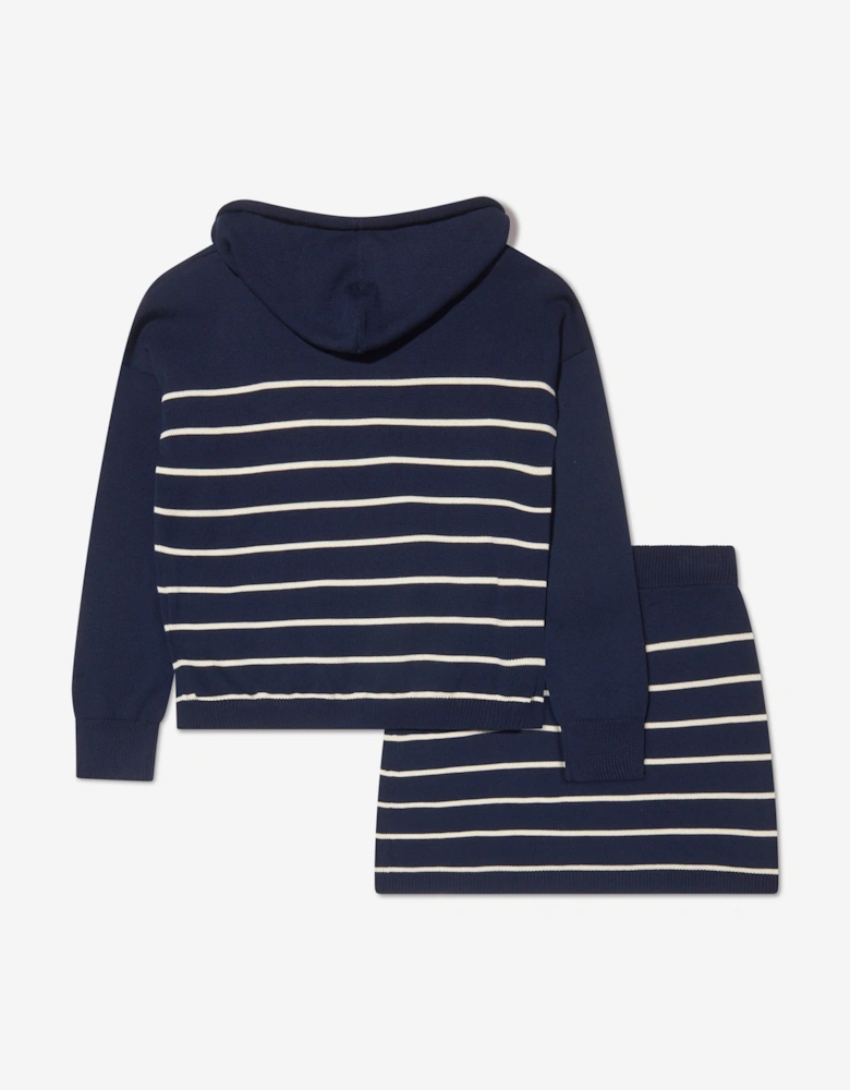 Enfant Girls Striped Hoodie And Skirt Set in Navy