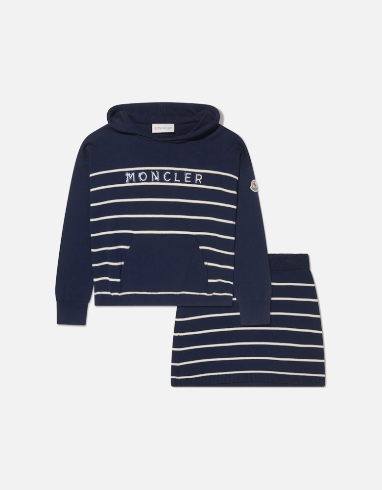 Enfant Girls Striped Hoodie And Skirt Set in Navy