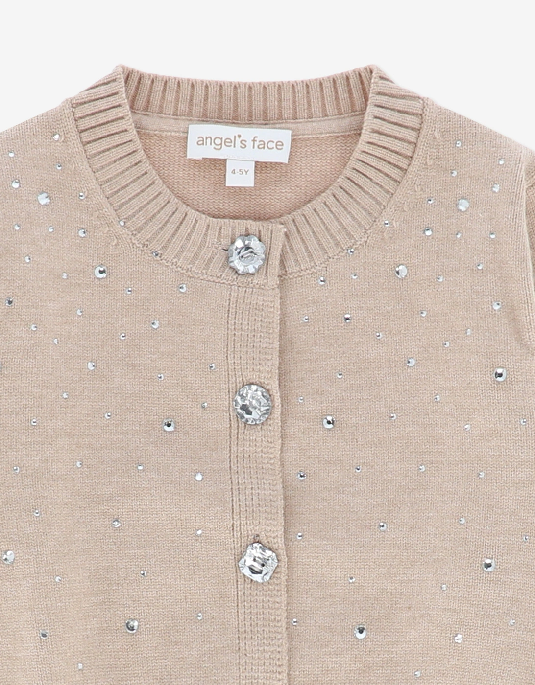 Angels Face Girls Kamala Crystal Studded Cardigan in Beige