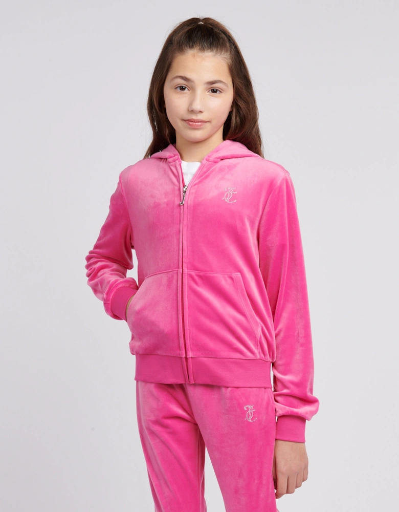 Girls Diamante Logo Zip Up Top in Pink
