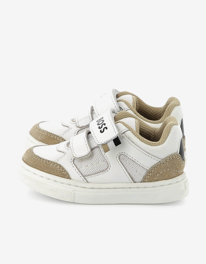 BOSS Boys Leather and Mesh Logo Trainers in White