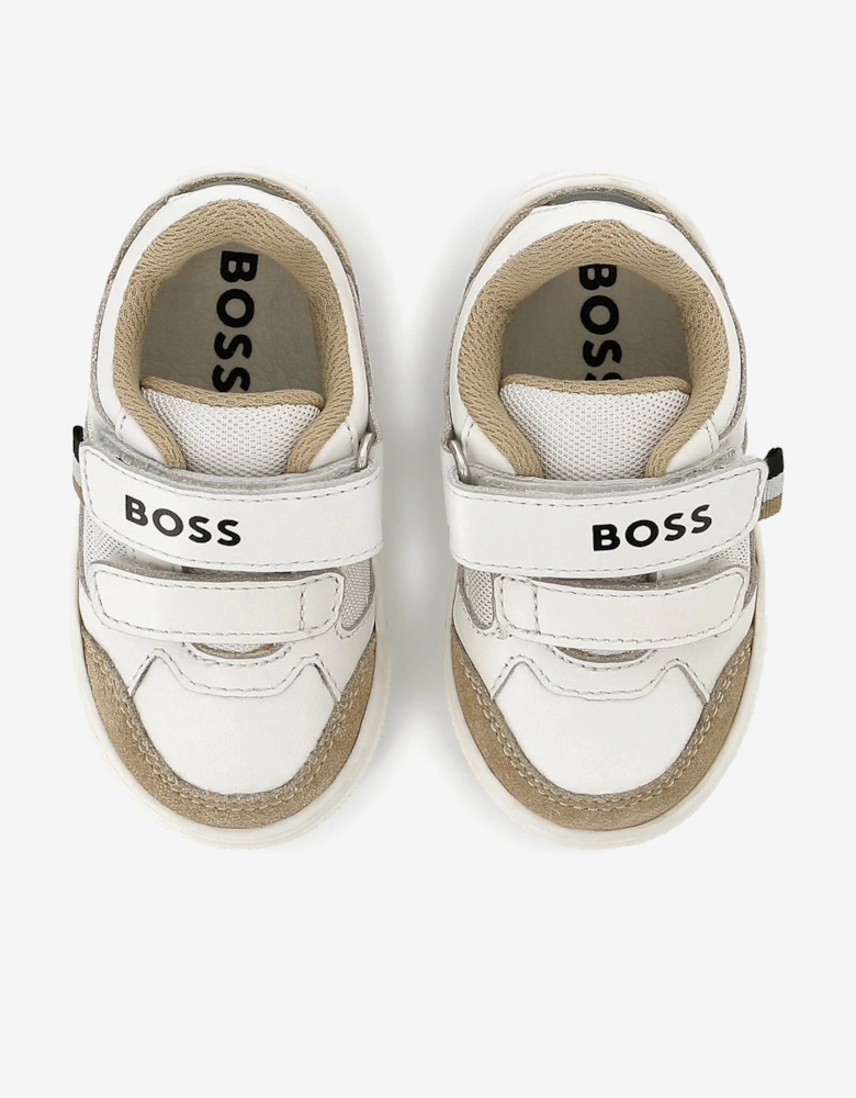 BOSS Boys Leather and Mesh Logo Trainers in White