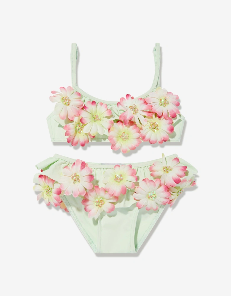 Girls Embroidered Flowers Bikini in Green