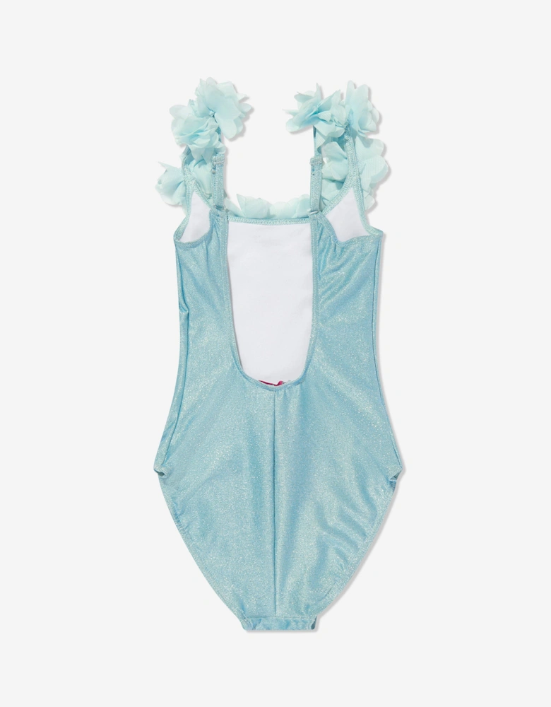 Girls Metallic Flowers Swimsuit in Blue