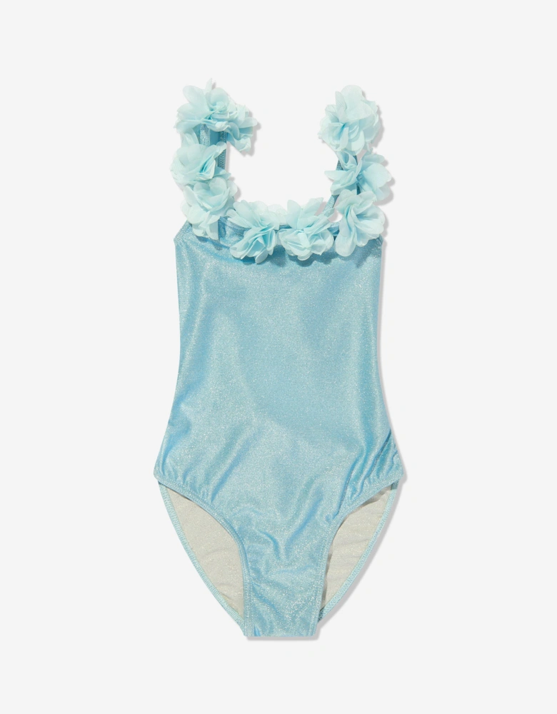 Girls Metallic Flowers Swimsuit in Blue