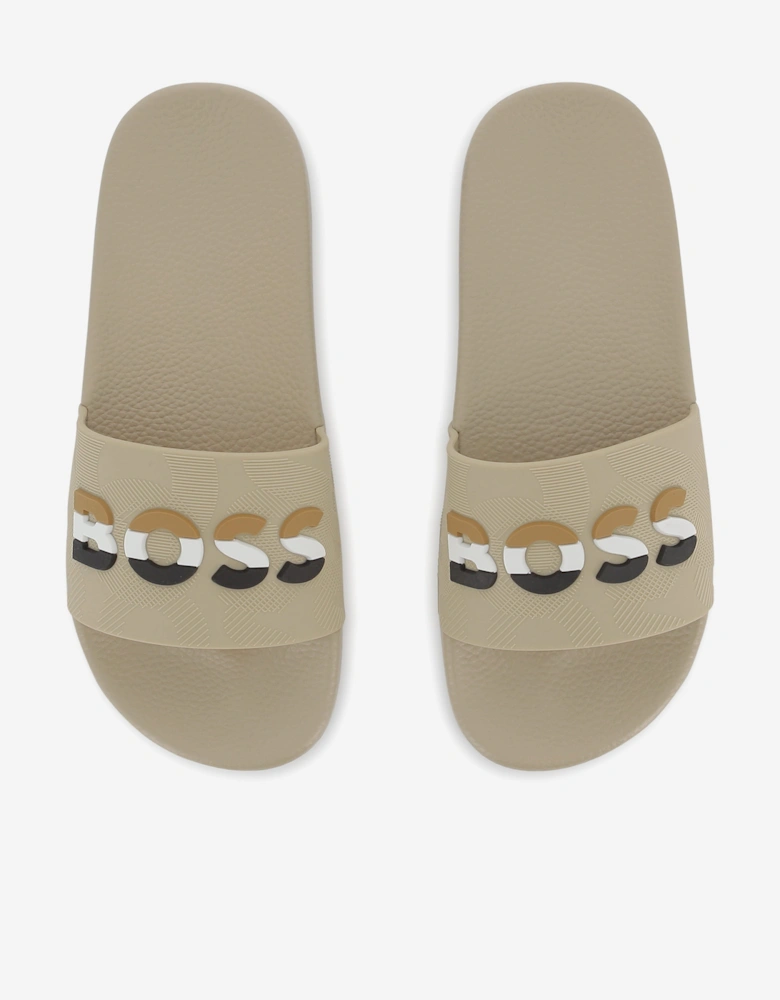 BOSS Boys Striped Logo Sliders in Beige