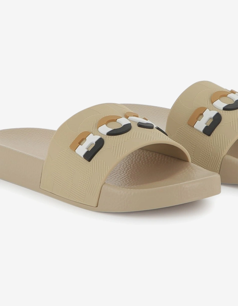 BOSS Boys Striped Logo Sliders in Beige