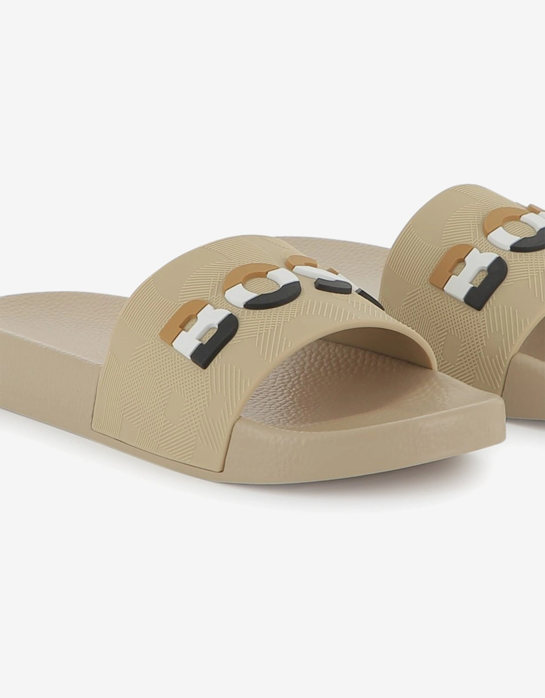 BOSS Boys Striped Logo Sliders in Beige