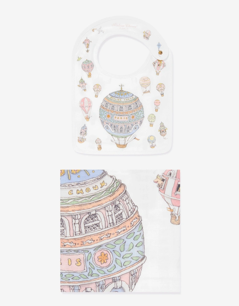 Baby Hot Air Balloons Swaddle And Satin Bib Set in White