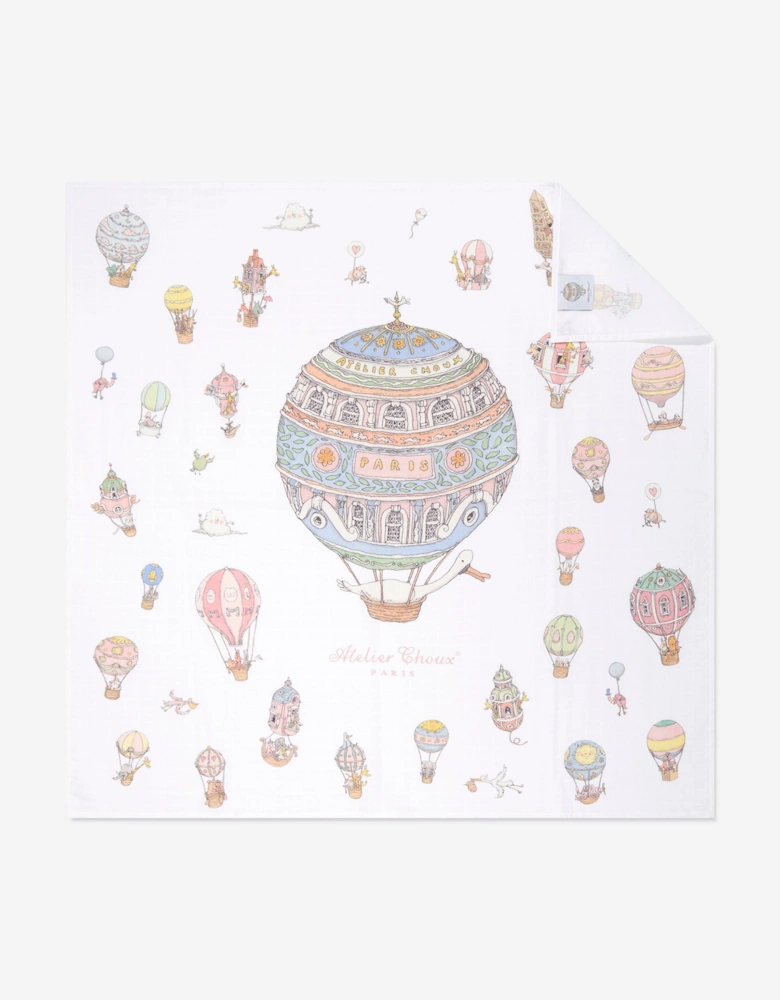Baby Hot Air Balloons Swaddle And Satin Bib Set in White