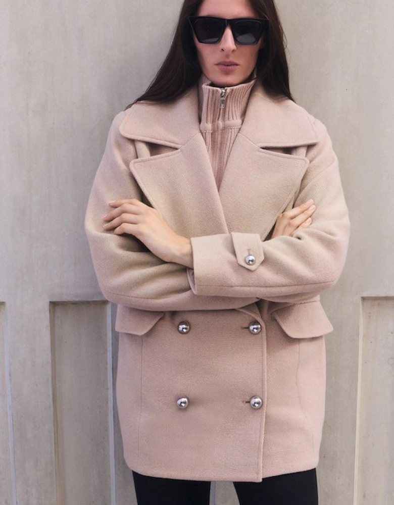 Wool Detachable Knitted Neck Tailored Double Breasted Pea Coat