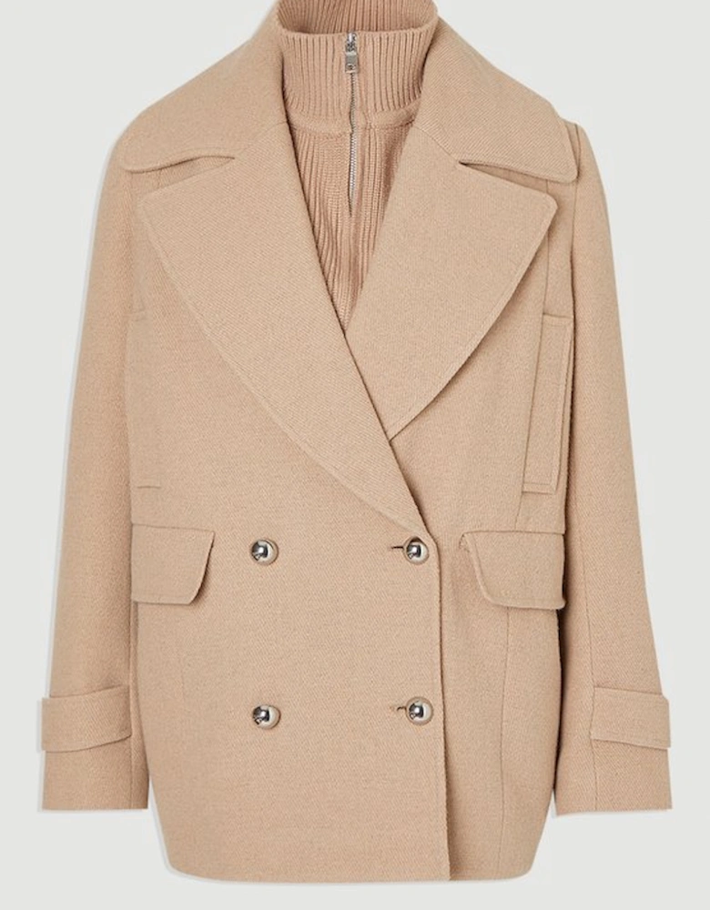 Wool Detachable Knitted Neck Tailored Double Breasted Pea Coat