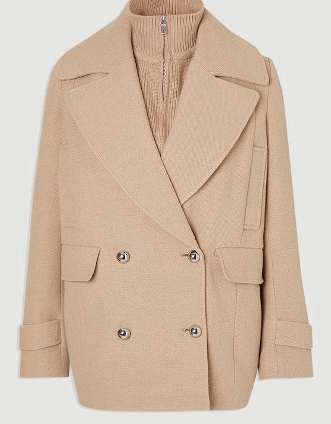 Wool Detachable Knitted Neck Tailored Double Breasted Pea Coat