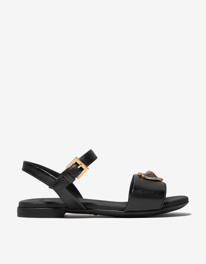 Girls Leather Heart Logo Sandals in Black