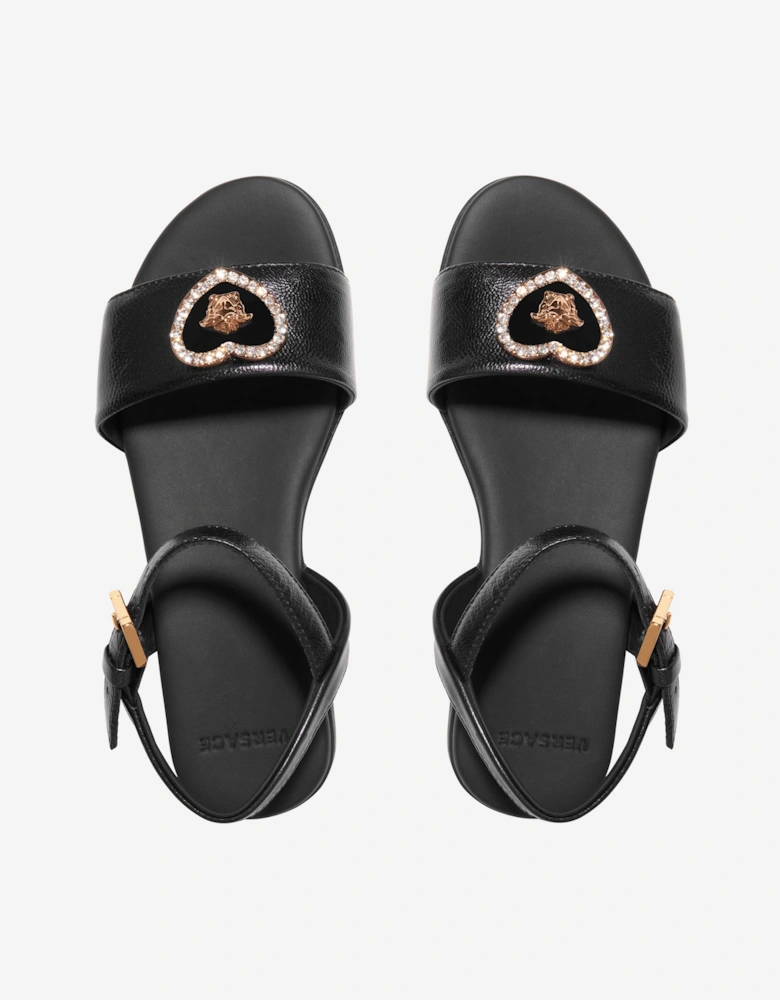Girls Leather Heart Logo Sandals in Black