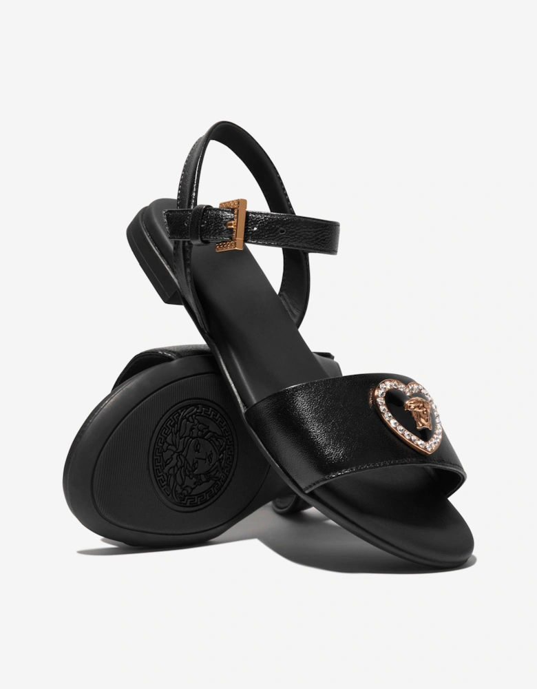 Girls Leather Heart Logo Sandals in Black