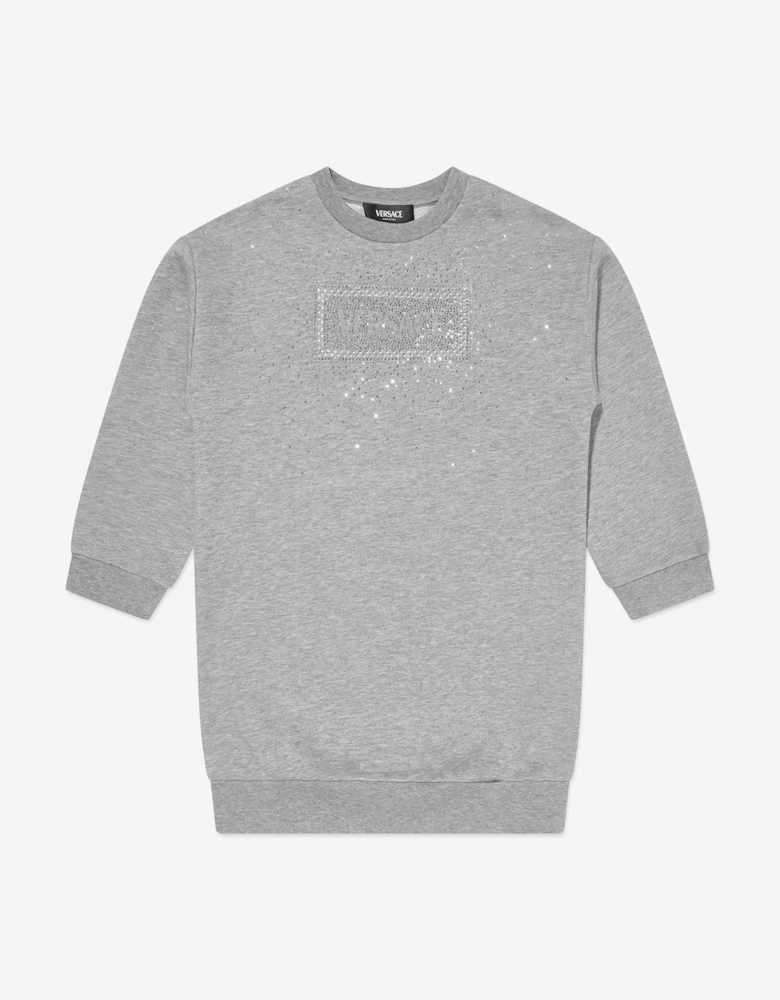 Girls Diamante Logo Sweater Dress in Grey