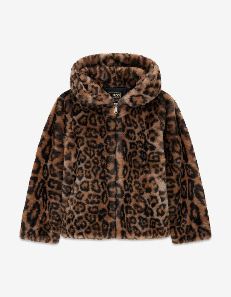 Girls Hooded Faux Fur Jacket in Brown